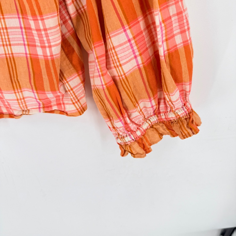 J. Crew Factory Plaid Ruffle Neck Blouse Orange XXL Coastal Cottagecore Boho - Picture 8 of 8